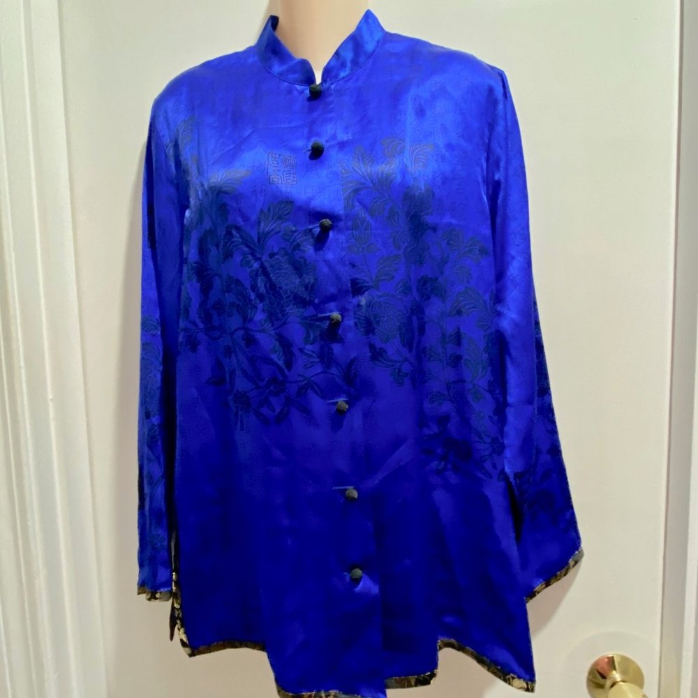 Vint. Chico's Asian Mandarin Collar Silk Button Front Chic Shirt Top Blouse 1 M